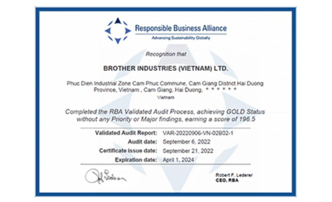 Brother Industries (Vietnam) Ltd. takes gold